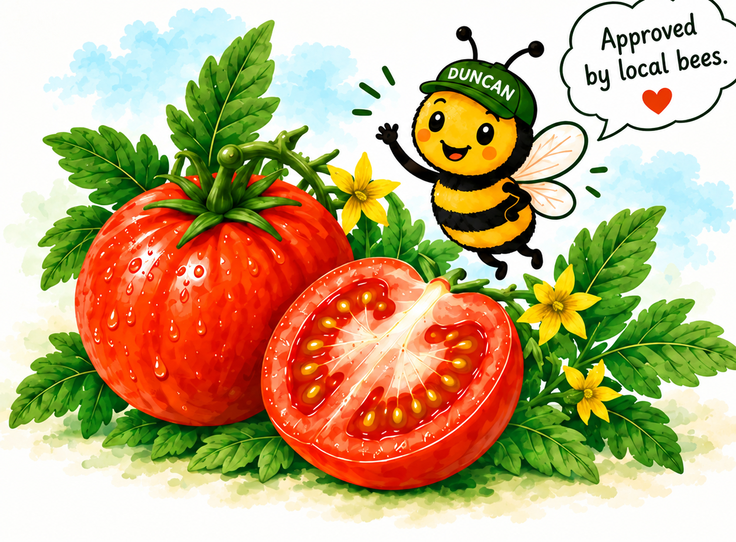 Fresh tomatoes and Ongoing Farm bee mascot